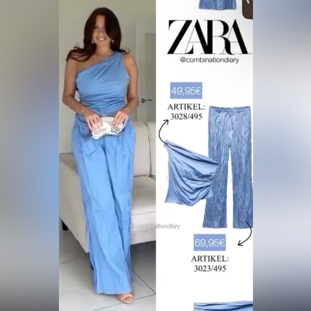 Zara Light Blue One-Shoulder Top and Wide-Leg Pants Set - Picture 14 of 16